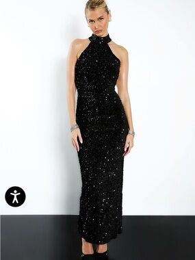 Velvet Halter Neck Sequin Maxi Dress - Black